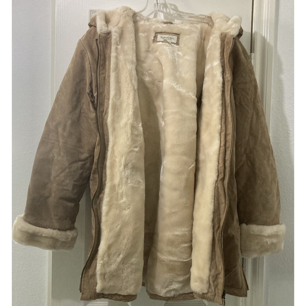 St John’s Bay Tan Washable Suede Leather Faux Fur Coat Size Large Hood Outerwear - Picture 4 of 6